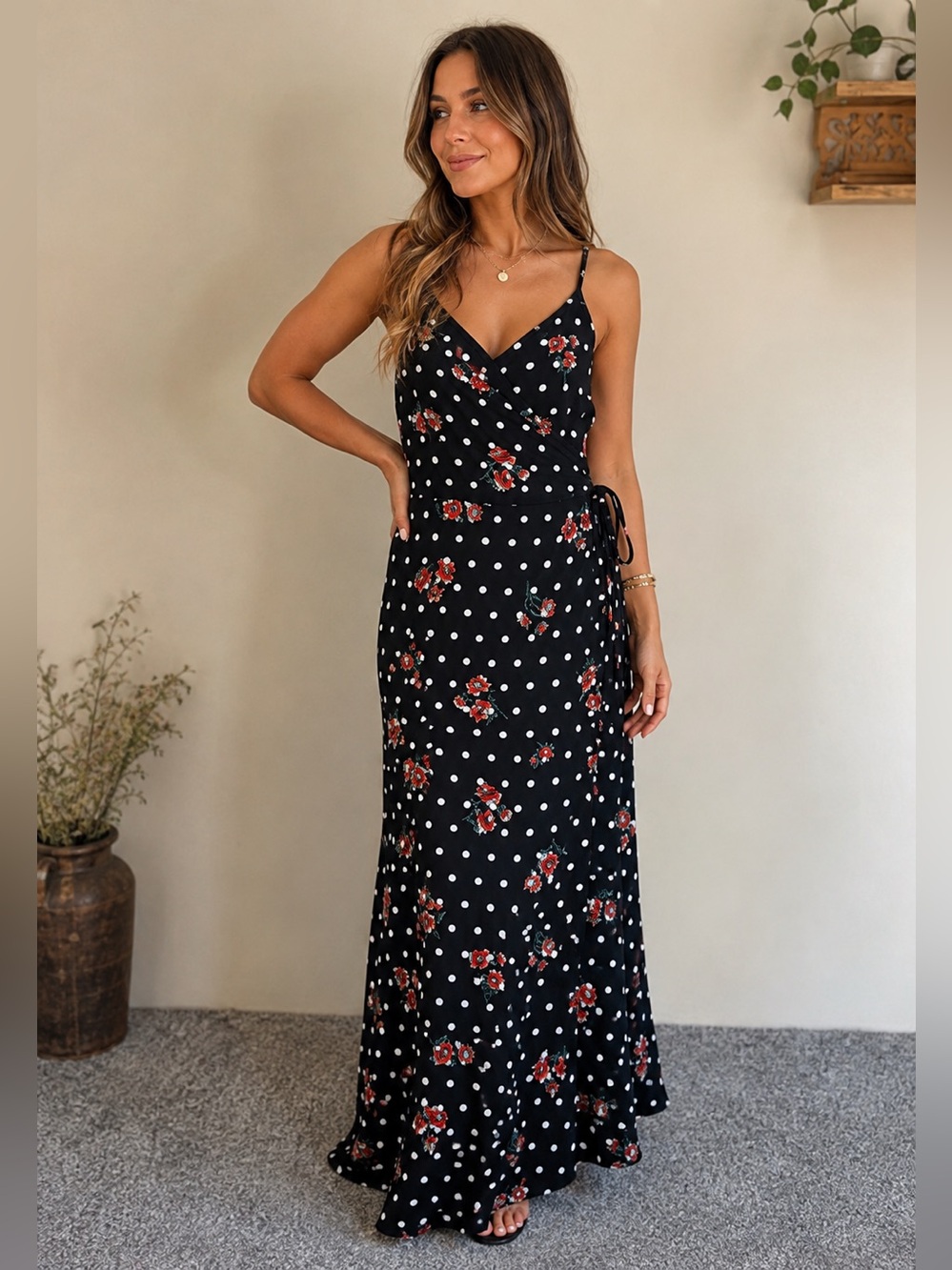 Philosophy Black Polka Dot Maxi Dress with Red Floral Accents